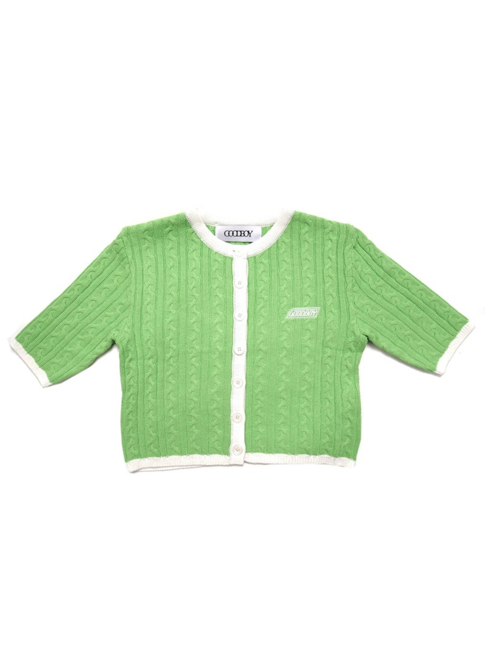 Goodboy Green Cable Knit Cropped Cardigan with White Trim